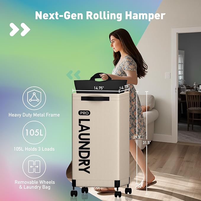 Caroeas Next-Gen 105L Matel Frame Laundry Basket with wheels, Heavy Duty Tall Rolling Laundry Hamper with Removable Wash Bag, Collapsible Freestanding Clothes Hamper (100L,Beige,1Pack) - Image 2