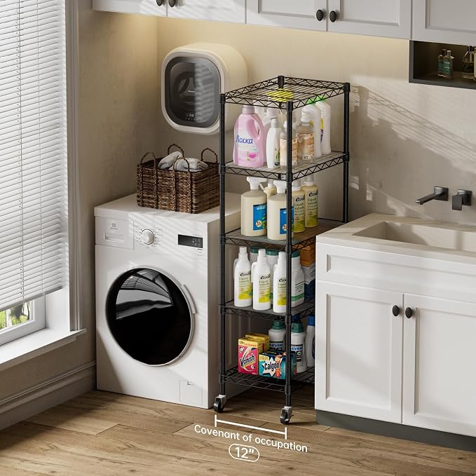 SINGAYE 5 Small Shelf Storage Wire Shelves Closet Bathroom Organizers Metal Pantry Kitchen Garage Shelving Unit Laundry Room Organization Home Narrow Rack Net Basket with Wheels Black - Image 5