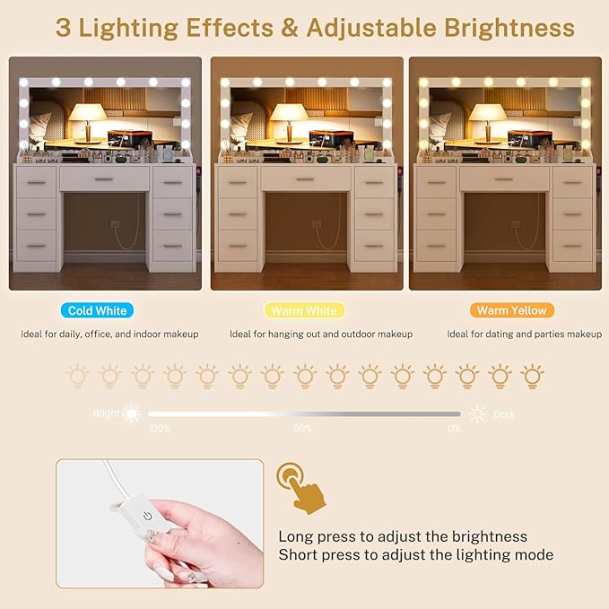 FIONESO Vanity with Large Mirror and 12 LED Lights, Vanity Desk with 7 Drawers & Hairdryer Holder, Makeup Vanity Desk with Charging Station for Women, Girls, 3 Lighting Color Adjustable, White