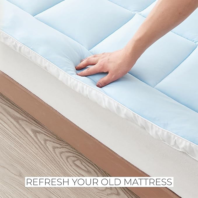 Great Bay Home Twin XL Cooling Mattress Topper. Thick, Elastic Corner Mattress Pad. Ultra-Soft Cooling Pillowtop Mattress Cover & Protector. Fits Mattresses up to 18” (Twin XL, Light Blue)