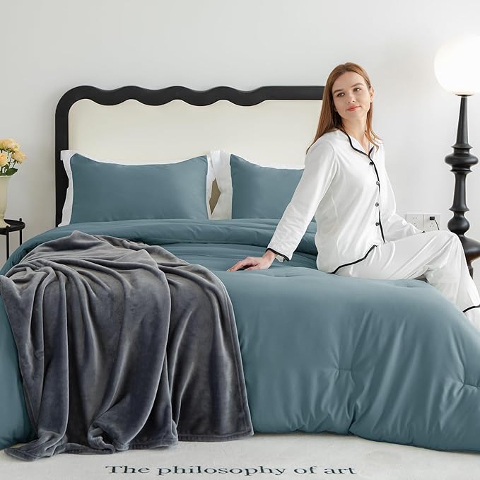 CozyLux Full Size Comforter Set Mineral Blue, 3 Pieces Solid Breathable Quilted Bedding Sets, Luxury Lightweight Soft Bed Set with Down Alternative Comforter and 2 Pillowcases for All Seasons