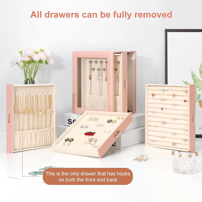 DesignSter Jewelry Box Organizer, Jewelry Box for Women, PU Jewelry Organizer Display Case with Side Drawers, Jewelry Storage for Earring Necklace Ring Bracelet Watch - Image 7