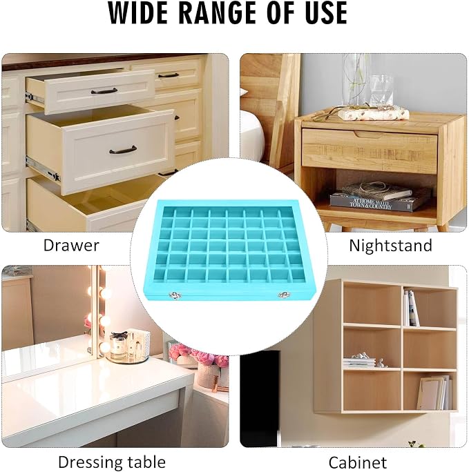 Siveit Velvet Jewelry Tray 48 Grid Jewelry Display Tray Organizer Box with Transparent Lid Rings Earrings Necklaces Pendants Display Box Suitable for Women and Girls (Light Blue) - Image 7