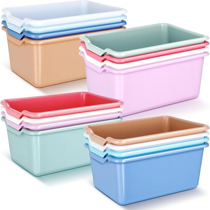 Dandat 16 Pcs Plastic Book Bins for Classroom Library Cubby Bins Scoop Front Stackable Toy Storage Tubs Containers for School Office Home Nursery Playroom Organization(Pastel Color) by Dandat