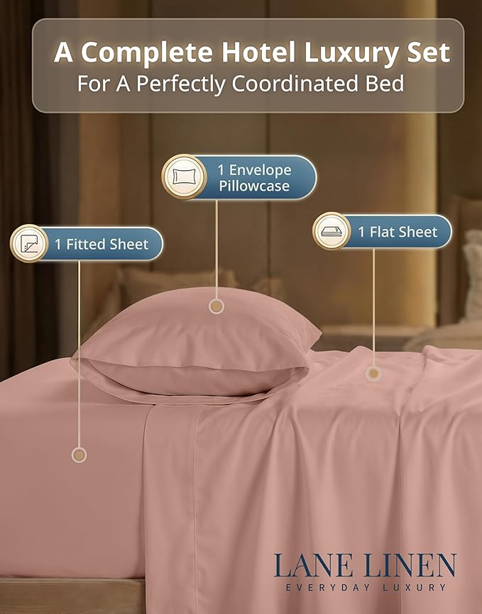 LANE LINEN Twin XL Sheets Set - 600 Thread Count Premium Sateen Weave - 100% Cotton Sheets Set for Guest Rooms - 15'' Deep Pocket for Snug Fit to Your Mattress - Oeko Tex Certified - Sepia Rose