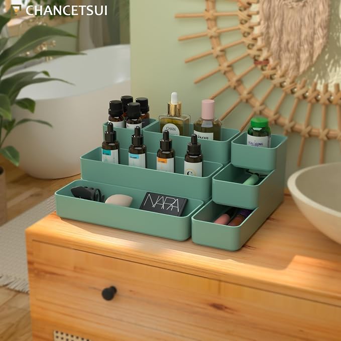 CHANCETSUI 9 Pcs Stackable Drawer Organizer Trays Set, Green, Multifunctional Storage for Vanity, Bathroom, Kitchen, Desk Drawer Organizer Office, PET Plastic - Image 2