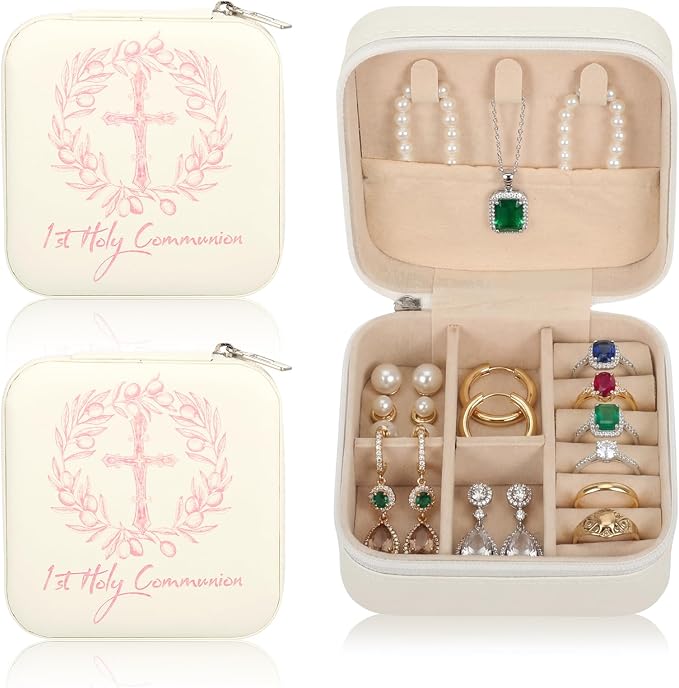 2 Pcs First Communion Travel Jewelry Box, Small Zippered Jewelry Case with Soft Lining, White Square Keepsake Box for Rings Earrings Necklaces, Religious Keepsake Gift for Baptism or Wedding(2, White) by Unknown