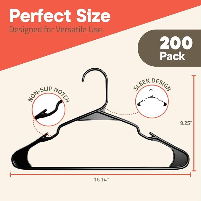 Black Plastic Hangers 200 Pack– Heavy-Duty Plastic Hangers Slim and Space-Saving, Durable and Lightweight PP with Non-Slip Shoulder Notches for Slip Dresses, Suits, Jackets & Camisoles - Image 2