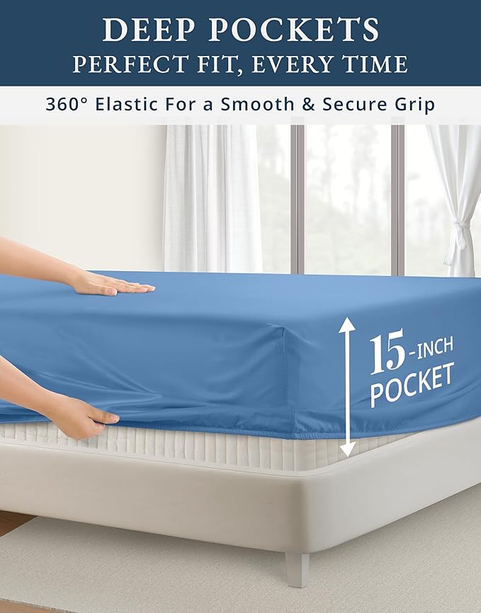 LANE LINEN 100% Egyptian Cotton King Bed Sheets, No Pill Cooling Sheets King Size, Soft & Comfy Sateen Weave for Silky Smooth Finish, Available in Variety of Colors - Blue Jasper