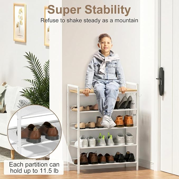 Refrze Shoe Rack for Front Door Entrance, 5 Tier Height-Adjustable Metal Shoe Rack, Sturdy Wooden Top and Tiltable Steel Frame Heavy Duty Shoe Organizer for Bathroom,Bedroom,Kitchen，Include Hook - Image 4