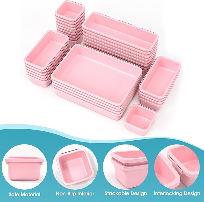 33 PCS Drawer Organizer Set, 4 Size Makeup Drawer Divider Organizer With Non-Slip Pads, Interlocking Plastic Storage Bins for Office,Jewelry Vanity,Gadgets, Bathroom,Kitchen, Pink - Image 3