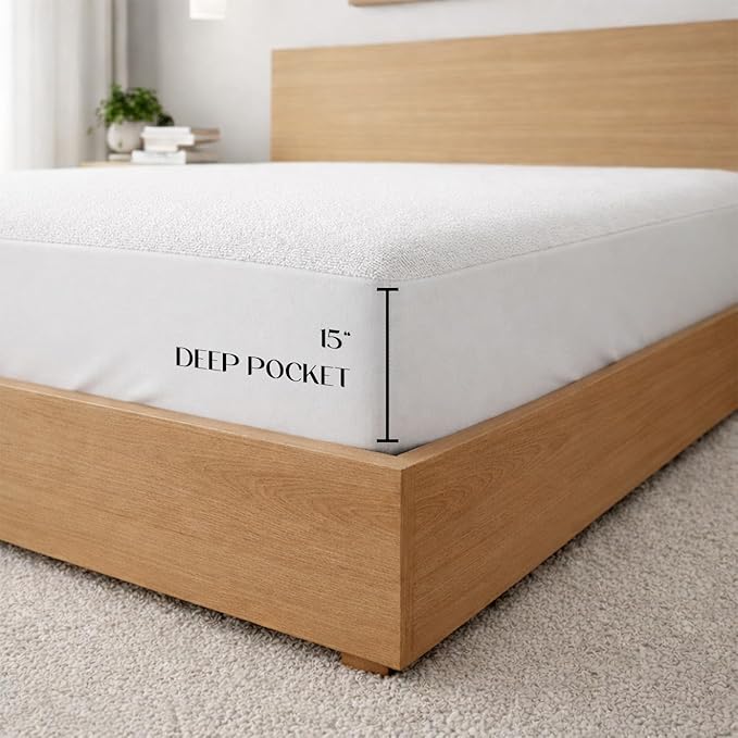 SGI Bedding Waterproof 60X80 Queen Mattress Protector – 15" Deep Pocket, Soft Noiseless & Breathable Fitted Style Bed Cover, Skin- Friendly Protection Against Moisture, Spills & Stains – White