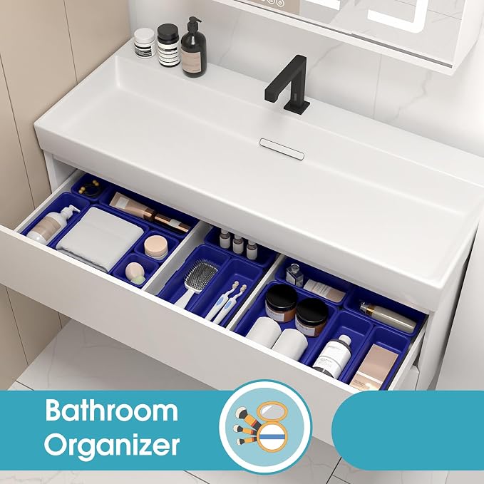 33 PCS Drawer Organizer Set, 4 Size Makeup Drawer Divider Organizer With Non-Slip Pads, Interlocking Plastic Storage Bins for Office,Jewelry Vanity,Gadgets, Bathroom,Kitchen, Navy - Image 7
