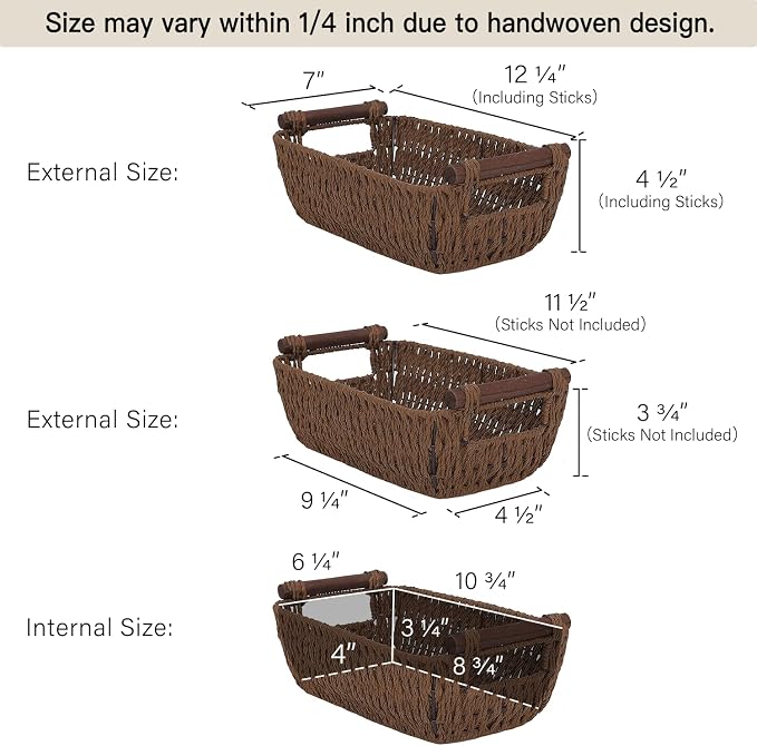 StorageWorks Handwoven Small Wicker Baskets, Round Paper Rope Storage Baskets with Wooden Handles, Dark Brown, 2-Pack - Image 2
