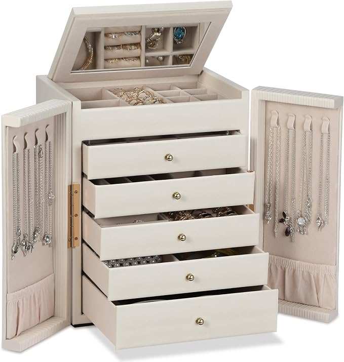 Dajasan Large Jewelry Organizer Box, Jewelry Boxes for Women Girls, 6-Tier Jewelry Storage Organizer with Mirror for Necklace Ring Bracelet Watch, Gift Idea (Beige) by DAJASAN