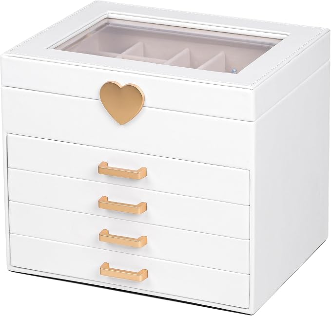 Kendal Jewelry Box, 5-Layer Jewelry Organizer Box with Glass Lid, Brass Gold and White, Heart Shaped PU Leather, Storage Box for Necklace Earrings Rings Bracelets, Gift Idea for Girls LJC4DRWH by Kendal