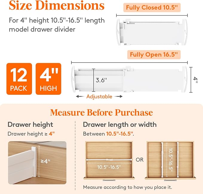 Lifewit 4" Tall 12 Pack Drawer Dividers, 27-42cm/10.5-16.5" Expandable Drawer Divider for Clothes, Adjustable Dresser Drawer Organizers, Drawers Separators for Dresser/Bathroom/Closet/Kitchen White - Image 2