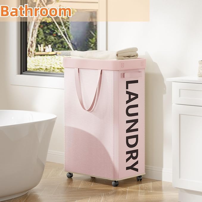 Optish Pink Laundry Basket with Wheels, Dorm Room Essentials for Girls, 90L Rolling Laundry Hamper with Wheels and Removable Mesh Bag for Clothes, Bedroom, Bathroom, College - Image 4