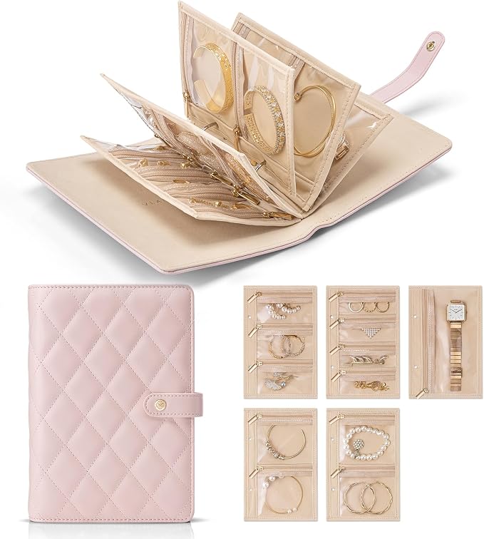VLANDO Travel Jewelry Case,Jewelry Organizer Box with Clear Zipper Velvet Jewelry Pouch Bag, PU Leather Jewelry Case,Gift for Women-Pink by VLANDO