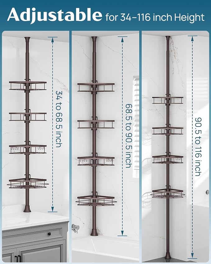 SEIRIONE Rustproof Shower Corner Caddy Organizer for Bathroom, Tension Pole with 4 Baskets, for Bathtub Storage Rack, 34 to 116 Inch Height, Bronze - Image 2