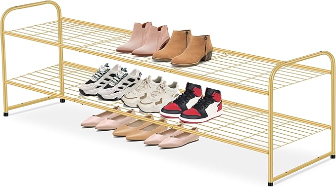 AOODA Long 2 Tier Shoe Rack for Closet Metal Wide Stackable Shoe Storage Organizer for Entryway, Bedroom, Floor, 18-Pairs Low Sneaker Shelf, Golden by AOODA
