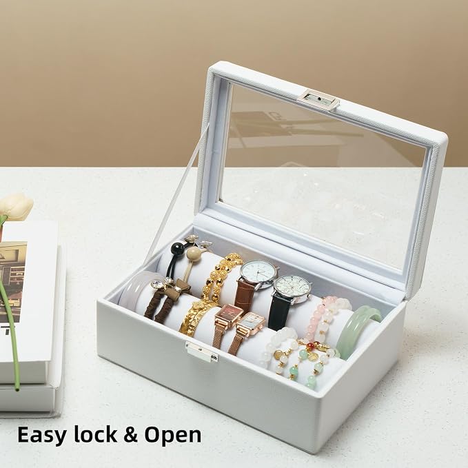 Bracelets Organizer Rods Bangles Display Holder, Clear See through Lid Leather Velvet Jewelry Storage Box Case for Women, 2 Rods White Leather - Image 6