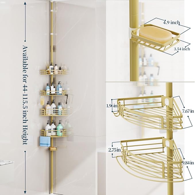 Consumest Corner Shower Caddy Tension Pole - Rustproof Shower Shelves with Towel Bar & Soap Holder, Adjustable Bath Organizer for Bathroom Storage, 27.6-108.3 inch, Gold - Image 3