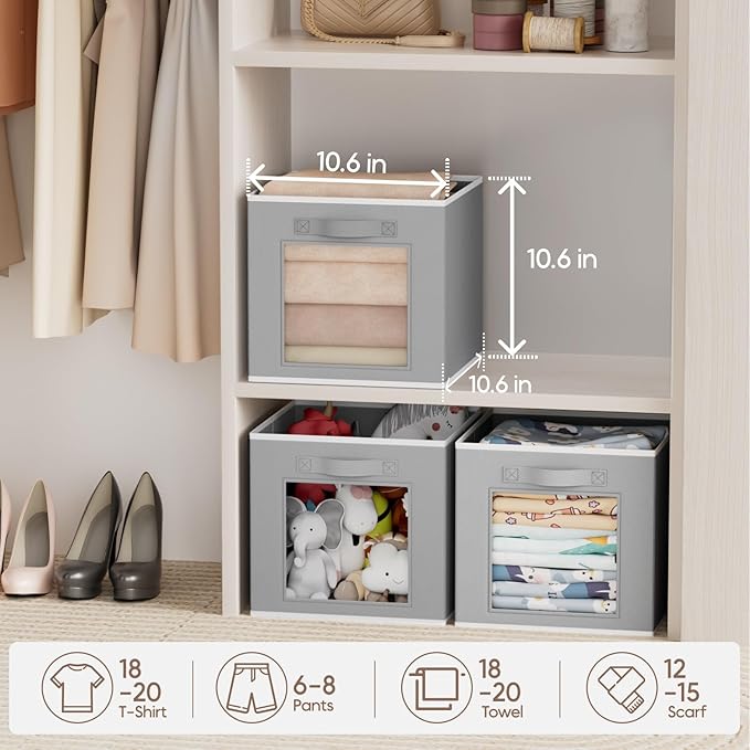 Homsorout Storage Cube 11 Inch - Cube Storage Bins with Window, Closet Storage Baskets with Handle, Fabric Bins for Closet, Shelves, Toys, Clothes, Set of 6, Grey - Image 4