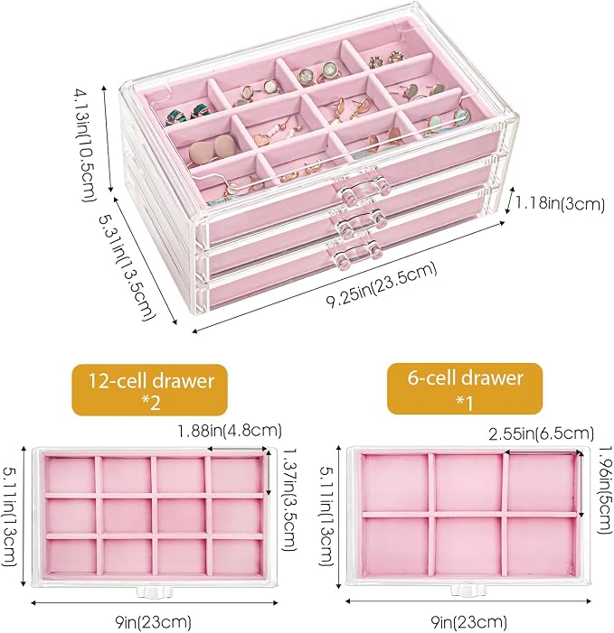 ProCase Earring Holder Organizer Jewelry Box with 3 Drawers, Acrylic Clear Earring Case with Adjustable Velvet Trays for Women - Pink, 3 Layers - Image 4