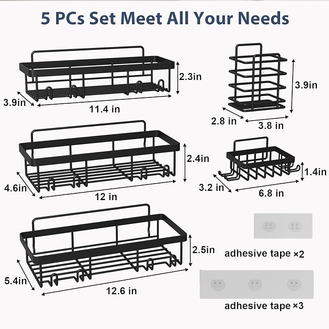 Liuoud 5 Pack Shower Caddy Organizer Rack Shelf for Inside Shower, Adhesive Bathroom Wall Storage Basket Rustproof Stainless Steel Shampoo Holder, Bathroom Accessory Decor Set, Black. - Image 2