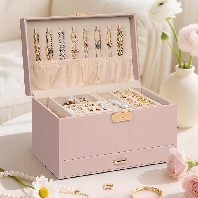 AKOZLIN Travel Jewelry Box Organizer Functional 2-trays Leather Jewelry Storage Case with Lockable Portable Drawer for Women Girls Ring Necklace Earring Bracelet - Image 7