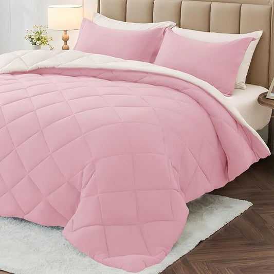 MUXHOMO 7 Pieces Full Comforter Set, Reversible Bed in a Bag Full Size, All Season Bedding Set with Comforter, Flat Sheet, Fitted Sheet, Pillowcases & Shams, Light Pink & Ivory