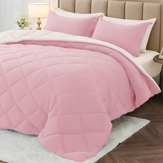 MUXHOMO 7 Pieces California King Comforter Set, Reversible Bed in a Bag Cal King Size, All Season Bedding Set with Comforter, Flat Sheet, Fitted Sheet, Pillowcases & Shams, Light Pink & Ivory