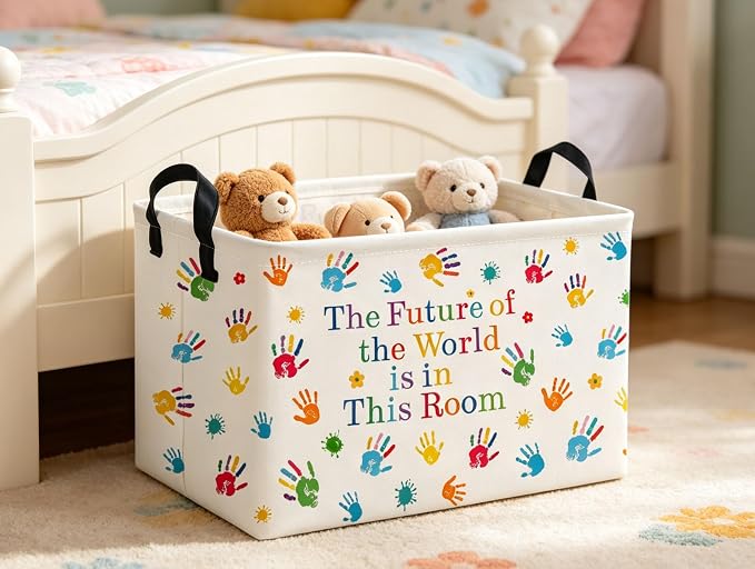 Rectangle Kids Baskets Book Basket Cute Storage Bin Organizer Boys Box for Room Decor Gift Basket(Handprint) - Image 4
