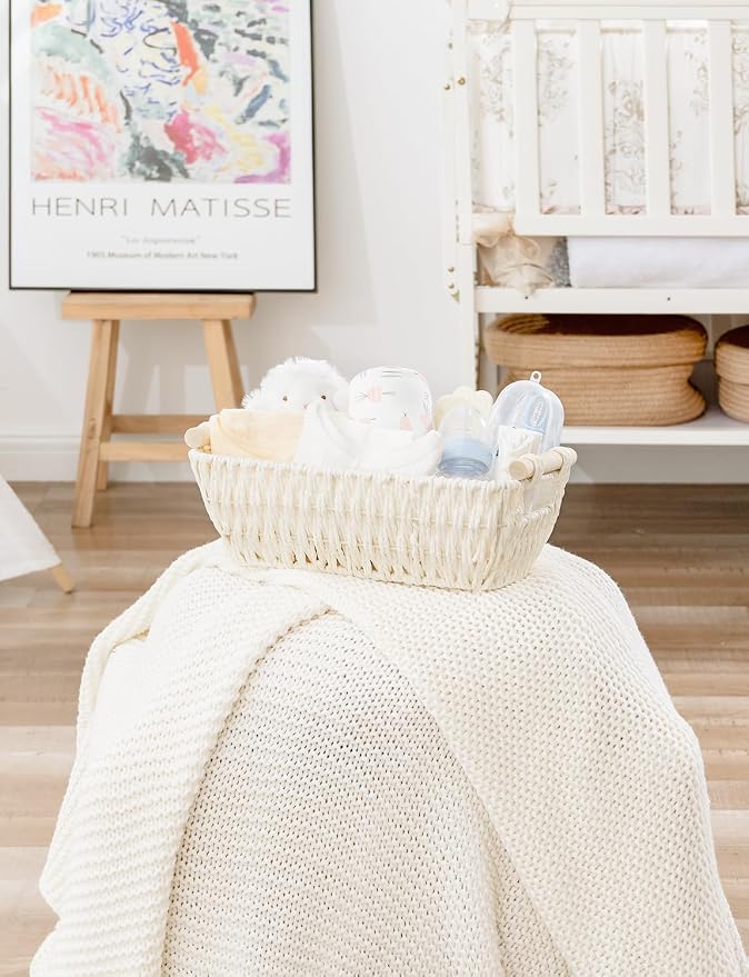 StorageWorks Round Paper Rope Woven Basket with Wooden Handles for Gifts, Small Wicker Baskets for Shelf, Beige, 2-Pack - Image 9