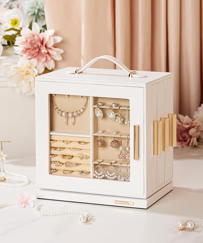 Homde Mothers Day Gifts Jewelry Box 360° Rotating, Necklace Earring Organizer with Transparent Window, Mirror, 7 Drawers, Large Ring Display Storage Case for Girls Women (White) - Image 2
