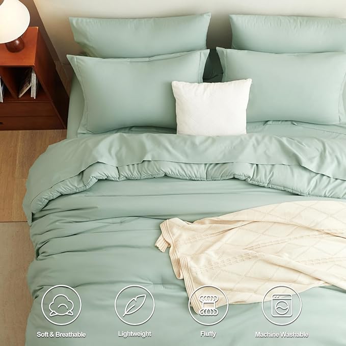 CozyLux Queen Comforter Set Sage Green, 7 Pieces Bed in a Bag Queen Comforter Set with Sheets, Luxury Soft Bedding Sets with Down Alternative Comforter, Fitted Sheet, Flat Sheet, Pillowcases & Shams