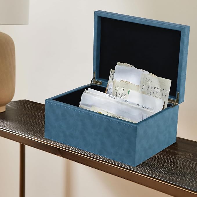 HofferRuffer Faux Leather Decorative Box, Large Wooden Structure Keepsake Box Accessory Organizer Jewelry Organizer with Hinged Lid, Storage Container for Home or Office (Blue) - Image 6