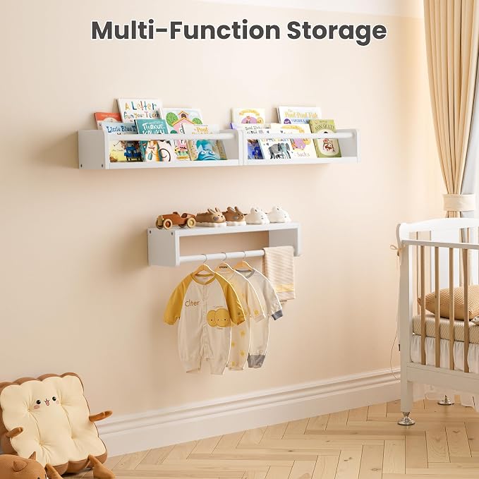 upsimples 2 Pack Nursery Book Shelves, 15.7 Inch Floating Bookshelves for Wall, Baby Nursery Decor, Small Solid Wood Wall Mounted Shelves for Baby Kids Boys Girls, White - Image 2