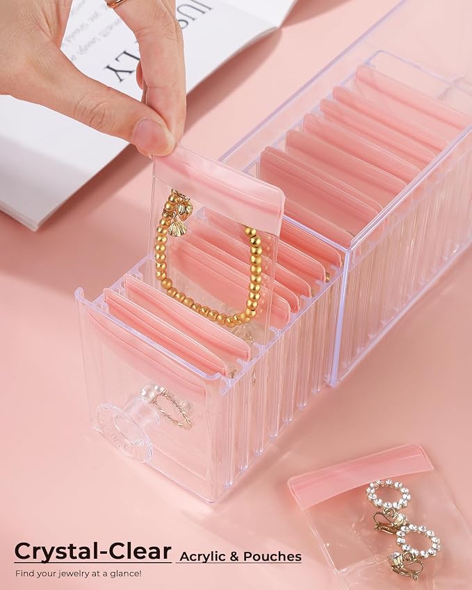 HOMEHIVE Clear Acrylic Jewelry Organizer Box with 20 Portable Pouches, Jewelry Storage Case for Women Girls, Tangle-Free, Anti-Tarnish, Compact Storage for Necklaces/Earrings/Rings, Upgraded Pink - Image 5