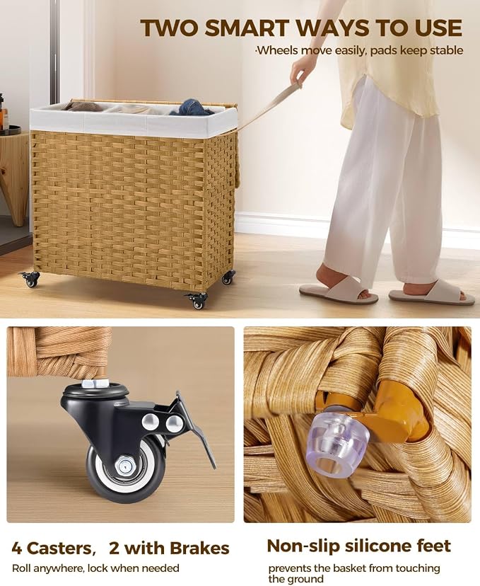 Greenstell Laundry Hamper with Wheels&Lid, 130L Large 3 Sections Clothes Hamper with 2 Types Removable Liner Bags, 5 Mesh Laundry Bags, Handwoven Divided Laundry Basket for Clothes, Natural - Image 3
