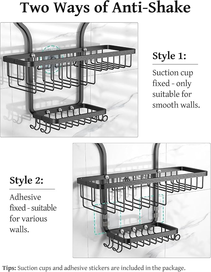 YASONIC Never-Rust Aluminum Hanging Shower Caddy – Over-the-Showerhead Organizer with 10 Hooks for Razor and Sponge – Includes Soap Basket – Black - Image 6