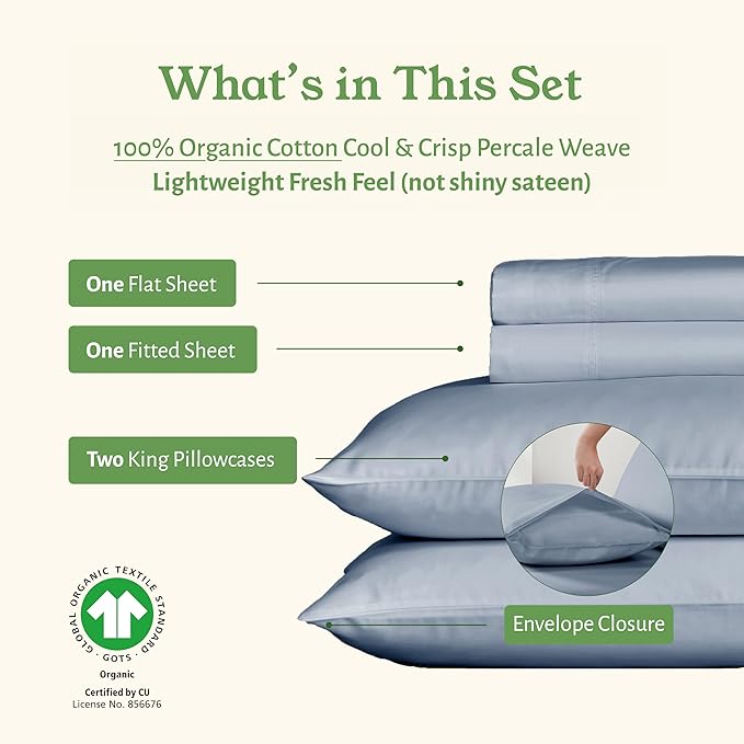California Design Den Cal King Sheets Set - Soft 100% Organic Cotton Sheets with Deep Pockets, Crisp Percale, Breathable and Durable Bedding Set - Blue Hydrangea