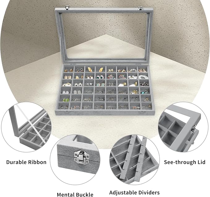 Stratalife Jewelry Organizer 48 Grid Jewelry Trays with Dust-proof Lid Velvet Earring Organizer Ring Holder Accessories Box Necklaces Earrings Storage for Women Drawers Gray - Image 2