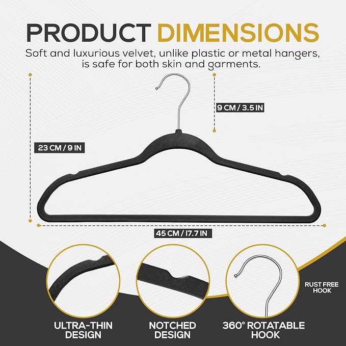 Techzoo 50 Pack New Premium Quality Velvet Hangers Ultra Thin Non Slip Adult Felt Space Saving Hangers for Closet Heavy Duty Coat Pants Jackets Dress Hangers 360° Swivel Hook Hold Upto 10 lbs Black - Image 2