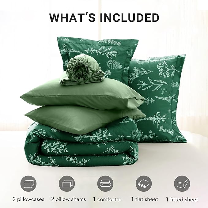 MUXHOMO Emerald Green Full Comforter Set, Elegant Floral Print Bed in a Bag 7 Pieces, Ultra Soft & Breathable Reversible Botanical Pattern Bedding Set with Comforter, Sheets, Pillowcases, and Shams