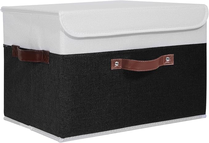 ANMINY Storage Boxes with Lids Washable Decorative Storage Bins Basket with PU Leather Handle Foldable Linen Fabric Storage Cubes Containers for Home Closet Organizer - Black White, Large Size by ANMINY