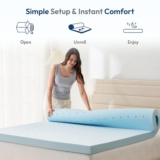 2 Inch Twin Mattress Topper, Cooling Gel Infused Memory Foam Twin Mattress Pad in a Box, Back Support for Pressure Relief, CertiPUR-US Certified, Blue