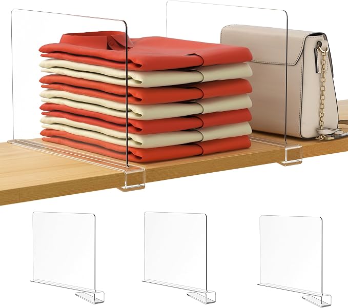 HBlife 3 Pack Clear Shelf Dividers, Vertical Purse Organizer for Closet Perfect for Sweater, Shirts, Handbags in Bedroom and Kitchen, Adjustable Acrylic Bookshelf for Organization by HBlife