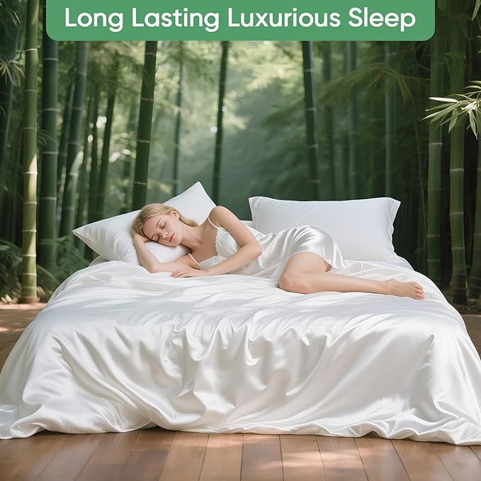 Luxury Organic Tencel & Viscose from Bamboo Cooling Sheet Set,Silky Soft Lyocell Sheets with Deep Pocket, Hypoallergenic & Breathable Bedding with Pillowcases (White, Queen)